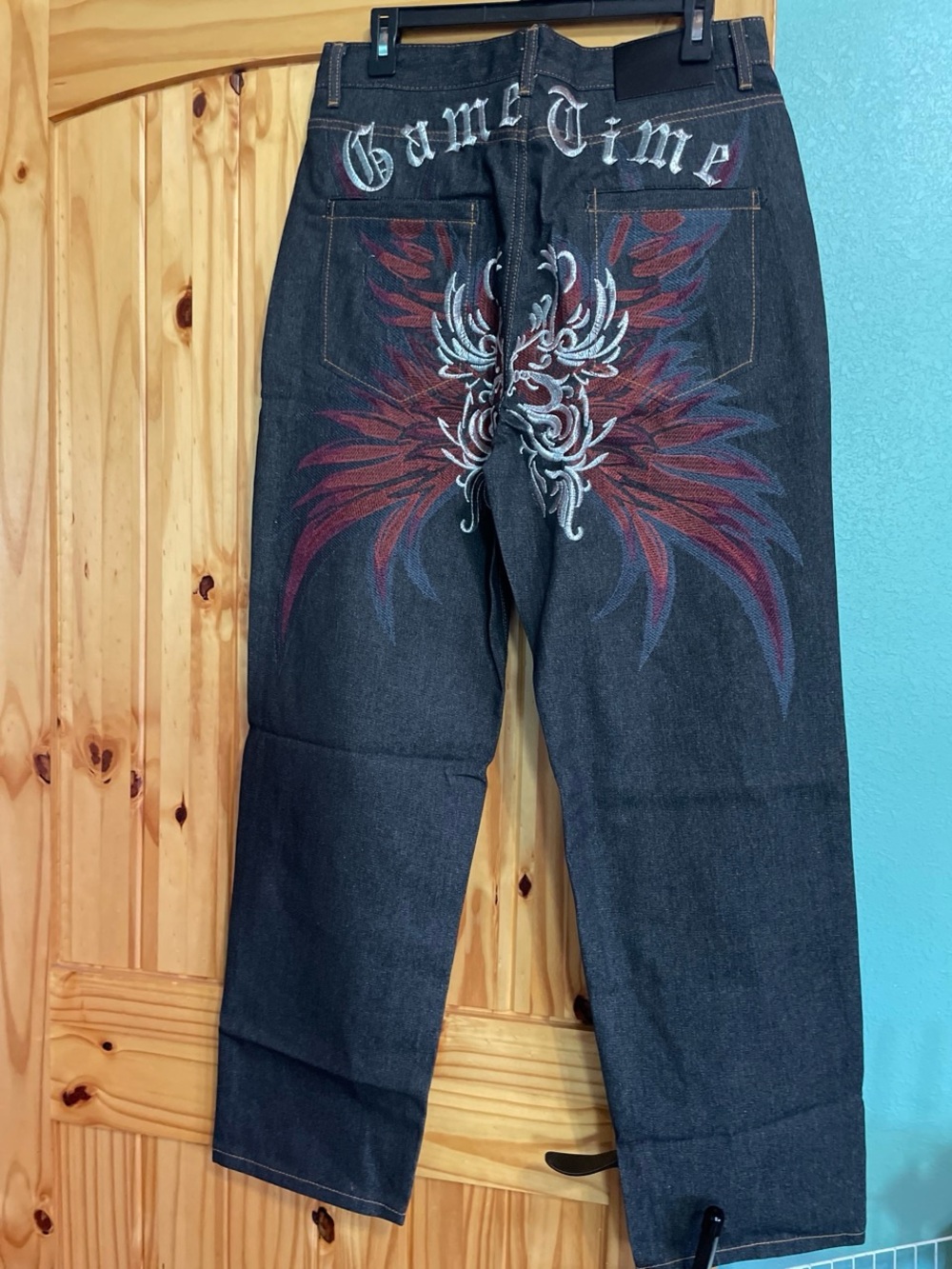 Game Time Dark Wash Jeans with Red & Blue Wing Embroidery